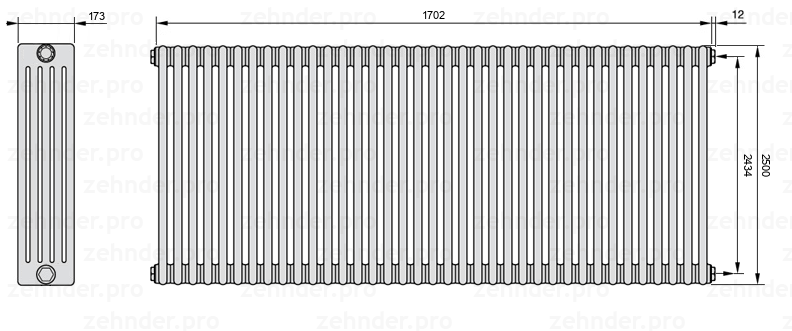 Схема (чертеж) Радиатор Zehnder Charleston 5250/37 №7610 Белый глянцевый RAL 9016